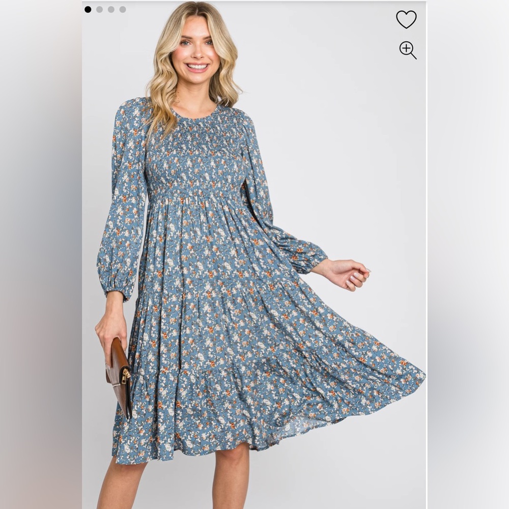 Blue Floral Smocked 3/4 Sleeve Tiered Maternity Midi Dress
